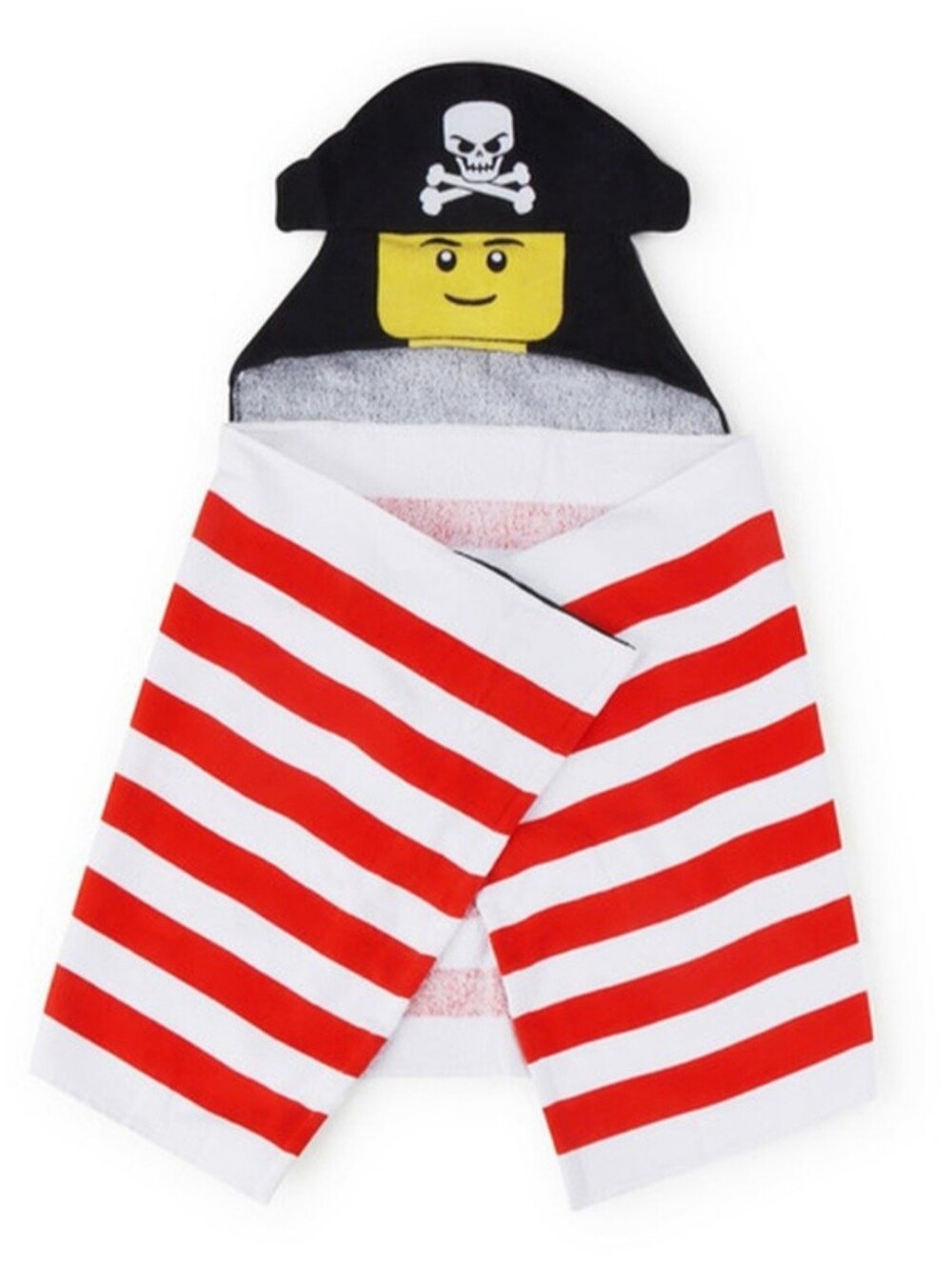 NWT Adorable LEGO pirate-themed hooded towel for kids. Black hood features a LEG